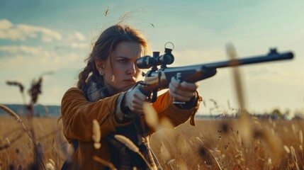 Fototapeta premium A woman is holding a rifle and looking at the camera