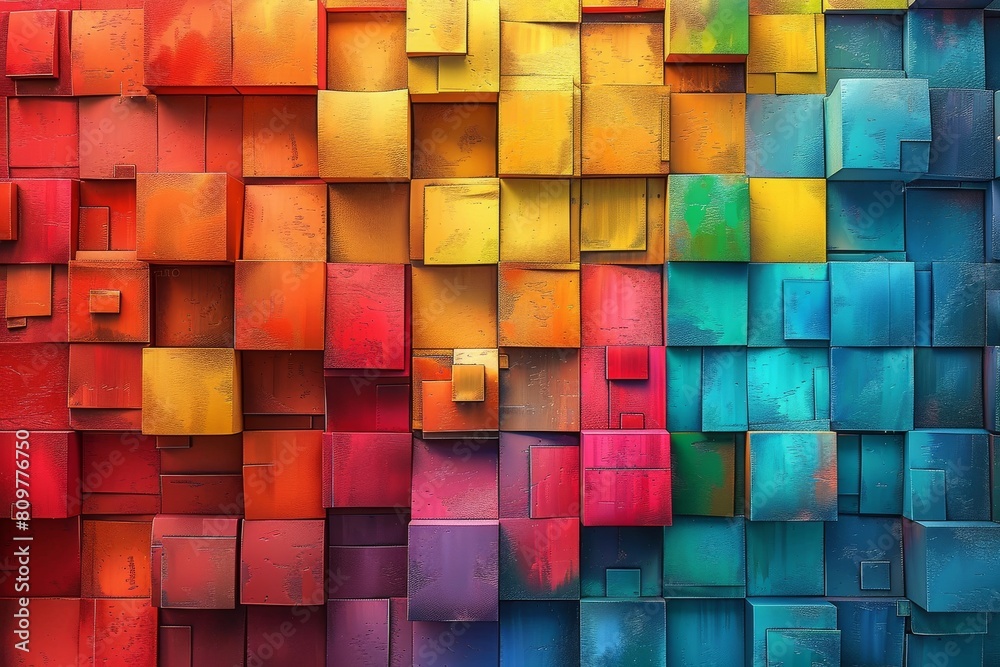 Poster a stunning, vibrant array of multicolored cubes arranged in a textured wall pattern that pops with c