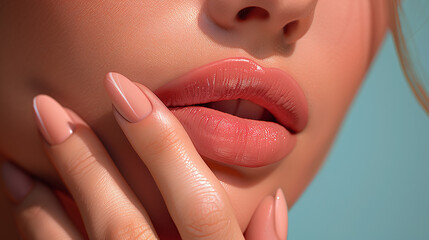 Close-up of young caucasian woman's manicured hand touching her face, turgent glossy peachy pink lips. Beauty photography.