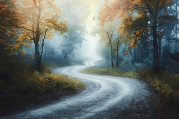 Foggy path through a vividly colored autumn forest creates an enchanting scene
