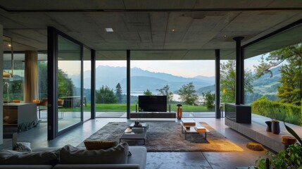 Living room has a modern design with large windows and views of the forest and mountains