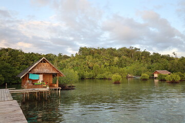 Obraz premium View of typical bamboo houses in West Papua, Raja Ampat archipelago