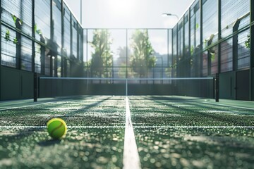 Close-up shot of a bright yellow tennis ball on the green floor of a newly installed paddle tennis court