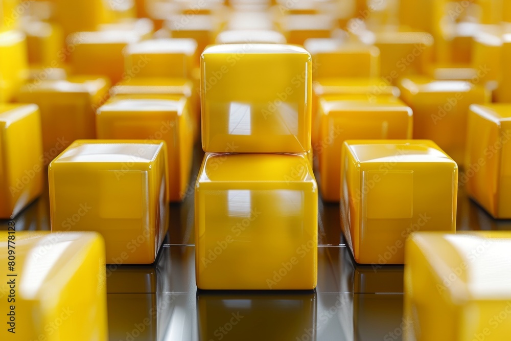 Poster an array of glossy yellow 3d cubes organized neatly on a reflective surface, creating a sense of ord