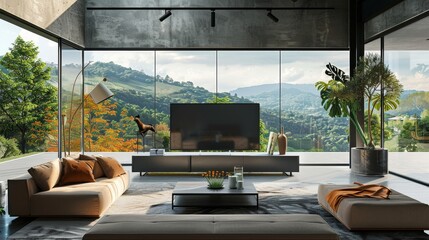Fototapeta premium Living room has a modern design with large windows and views of the forest and mountains