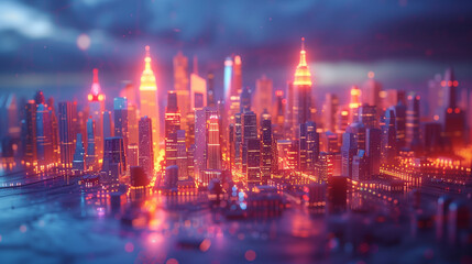 Fototapeta premium Futuristic cityscape with glowing neon lights at dusk.