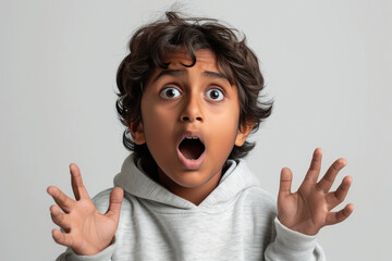 Indian little boy wearing sweat shirt and giving scared expression