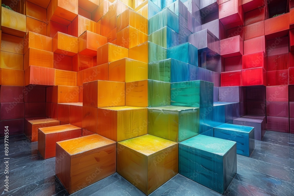 Poster an array of colorful cubic blocks creating a visually captivating geometric pattern in a modern arti