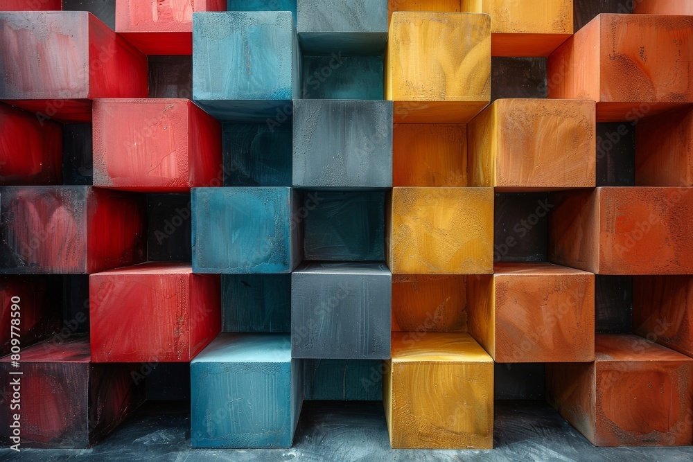 Poster stacked cubes with a mix of warm and cool tones, presenting an architectural structure with an abstr