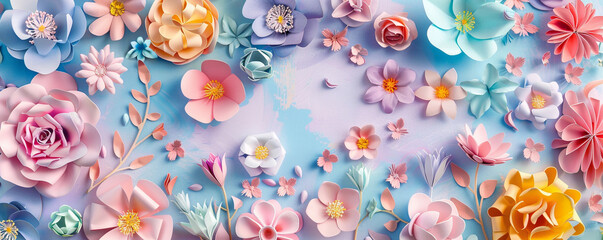 Colorful paper flowers on pastel background