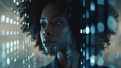 Black woman cyber security expert. With AI code illusminated overlay around her. Working in a data center. Female Computer Engineer. Generate AI.