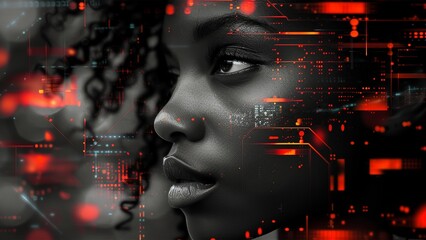 Black woman cyber security expert. With AI code illusminated overlay around her. Working in a data center. Female Computer Engineer. Generate AI.
