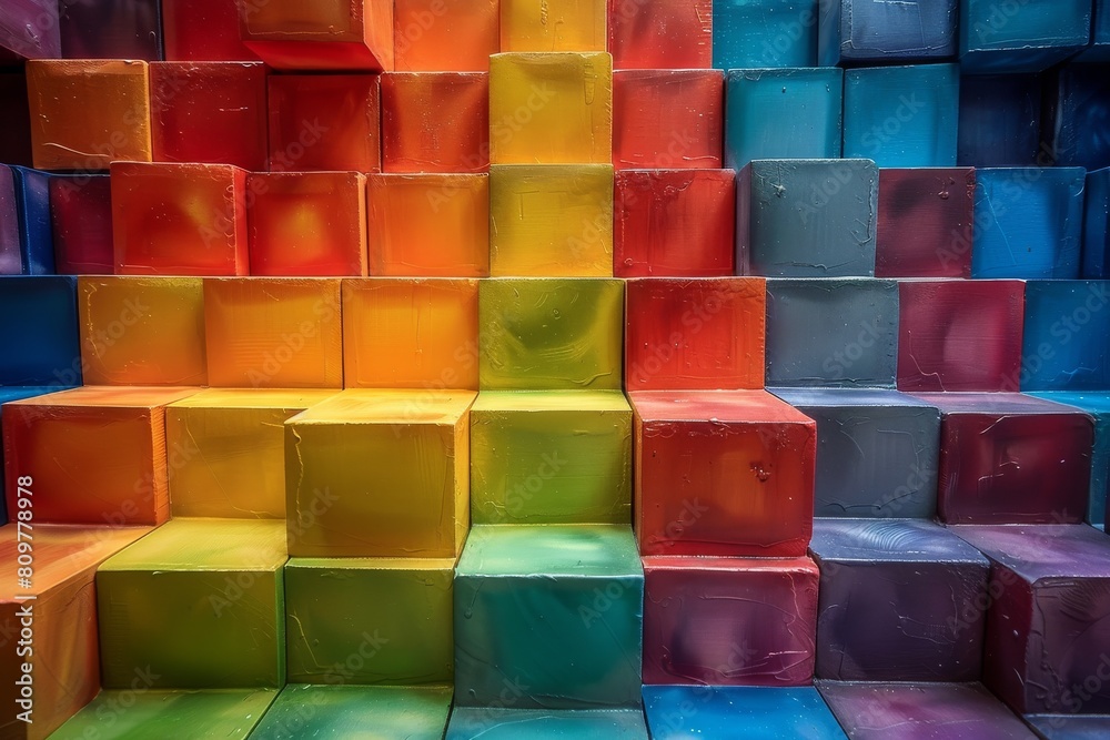 Poster a dynamic image capturing the interplay of light and shadows on colorful cubic blocks