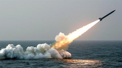 A missile launching over the ocean with smoke trail.