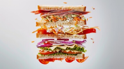 A deconstructed sandwich with layers of meat, cheese, vegetables, and sauce floating in the air against a neutral background.