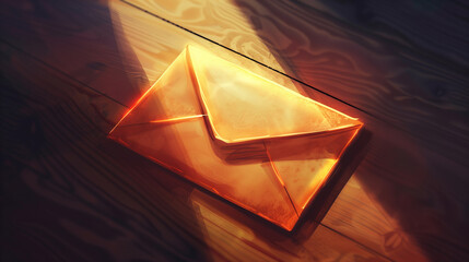 Glowing orange envelope on a wooden surface