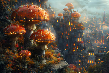 Fantasy mushrooms overlooking a mystical cityscape at dusk.