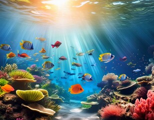 Unterwasserwelt mit vielen verschiedenen bunten Fischen und Korallen