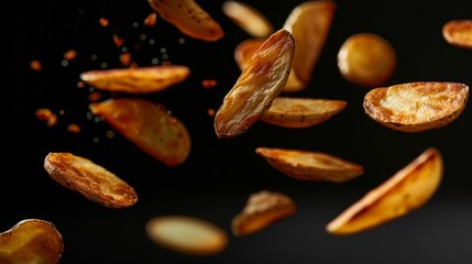 Freshly baked potato wedges seasoned with spices flying in mid-air with a dark background, showcasing dynamic food photography.