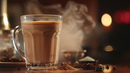 masala tea in a glass, warm evening light