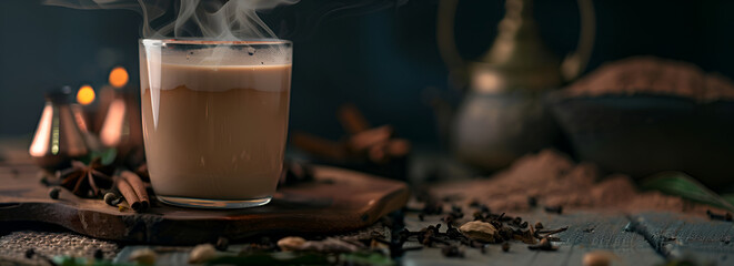 oriental masala tea in a glass, teapot and spices in the background, night light, widescreen
