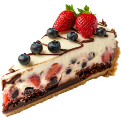 A slice of vanilla chocolate cake with fruit topping, on a transparent background