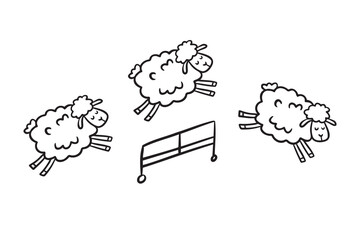 Doodle line cute sheep jumping over fence. Good night sleep poster. Counting sheep to fall asleep. 