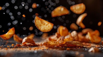 Golden potato chips flying with salt crystals against a dark background, depicting a dynamic and delicious snack moment.