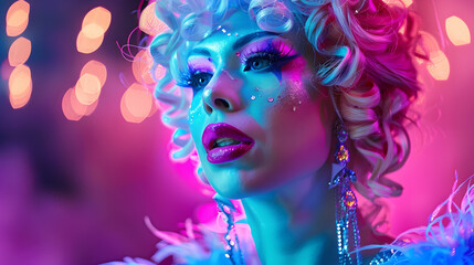an elegant drag queen in colorful makeup and wigs, posing on stage with dramatic lighting and colorful backdrops