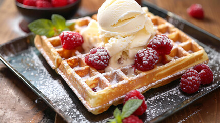 Delicious waffles with ice cream and raspberries 