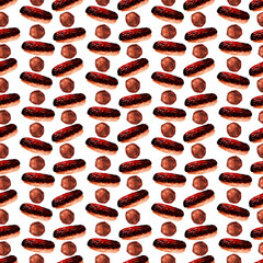 Watercolor seamless pattern with various desserts, sweets and cookies