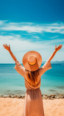 Fototapeta na wymiar Summer beach vacation concept, Young woman with hat relaxing with her arms raised to her head enjoying looking view of beach ocean on hot summer day, copy space. vacations time