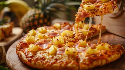 Delicious Hawaiian pizza with ham and pineapple on a wooden board, with a slice being lifted...