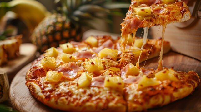 Delicious Hawaiian pizza with ham and pineapple on a wooden board, with a slice being lifted showing melted cheese.