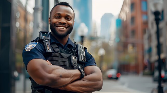 Confident policeman smiling on urban city street. Friendly law enforcement officer in uniform. Community policing and public safety concept. Protect and serve with a smile. AI