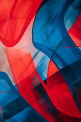 Fototapeta premium Dynamic abstract background with soft flowing lines and angular forms in a bold mix of cherry red and azure blue