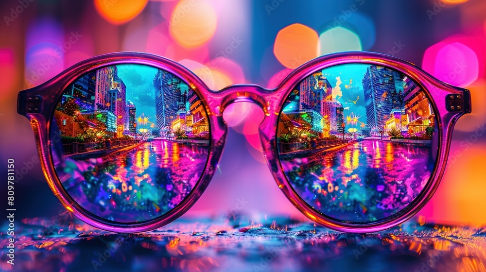 Wall mural a pair of sunglasses reflecting a cityscape in one lens