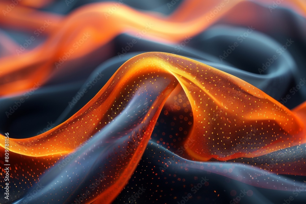 Poster abstract image with oscillating orange waves adorned with sparkling particles over a dark backdrop
