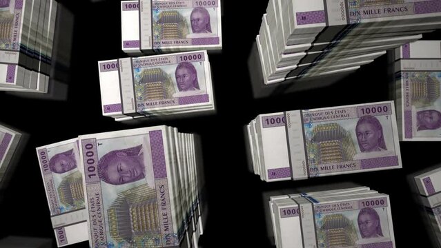 Central African CFA Franc money Cameroon Chad Congo Gabon notes packs loop. 3D flight over 10000 XAF banknotes stacks towers. Loopable seamless background concept of business and economy crisis.