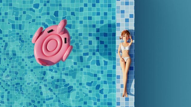 Seamless looping animation of young girl with in bikini, headphones sunbathing by swimming pool. Summer swimming pool party. 3d animation. Top view
