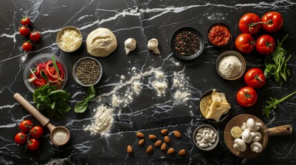 Fototapeta na wymiar Various fresh ingredients and spices on a marble surface, including tomatoes, garlic, basil, dough, cheese, and almonds, arranged for cooking.