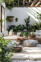 Modern outdoor living space, featuring green plants and wooden furniture