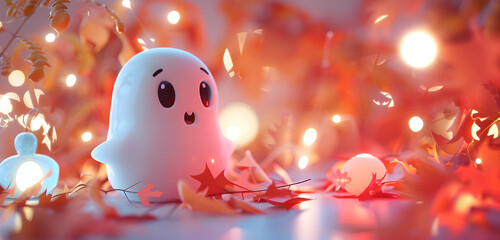 Fototapeta premium Delightful Cartoon Ghost Adorned with Decorative Elements in Minimalistic Setting for Advertising and Social Media Posts