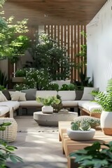 Fototapeta premium Modern outdoor living space, featuring green plants and wooden furniture
