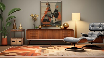 A mid-century modern living room with a teak wood sideboard, a retro patterned rug, an Eames lounge chair, and a statement pendant light.