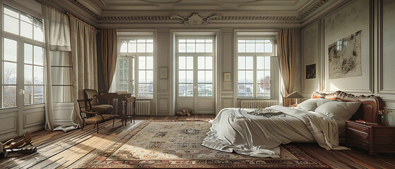 Classic Luxury Bedroom with Elegant Bedding and Antique Furniture, Stylish White and Beige Decor in a Vintage Setting