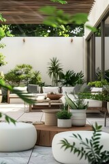 Modern outdoor living space, featuring green plants and wooden furniture