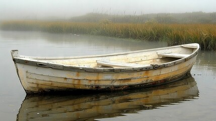   A small white boat drifts on the top of a lake beside a lush green, grass-covered shore shrouded in fog