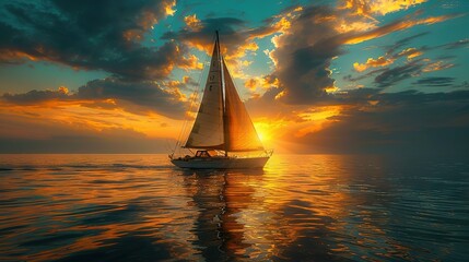  A sailboat in a tranquil body of water bathed in a stunning sunset - Powered by Adobe