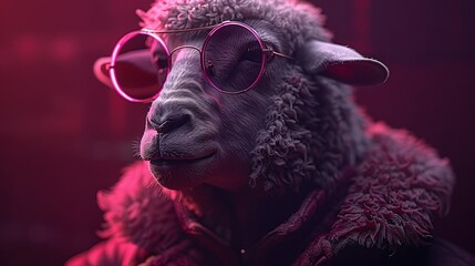 Obraz premium A sheep in glasses with a red background